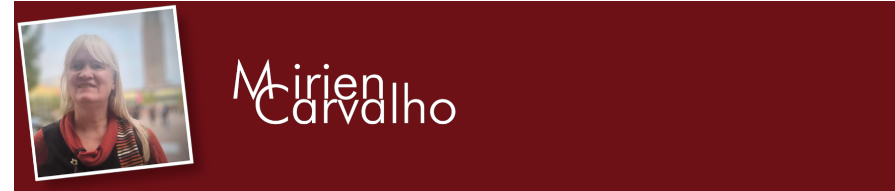 Ein Foto von Mirien Carvalho liegt leicht nach links gedreht auf weinrotem Hintergrund. Daneben steht in einer klaren, geradlinigen, weißen Schrift "Mirien" und darunter etwas nach rechts versetzt "Carvalho"